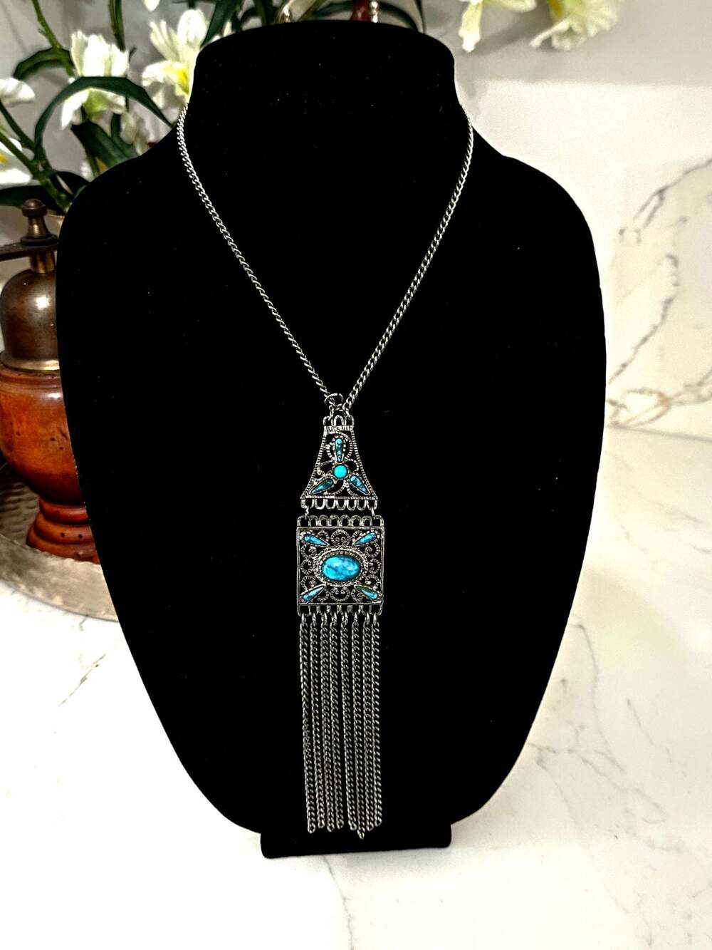 Bohemian Silver Tone Statement Necklace with Faux Turquoise and Tassel Fringe‎